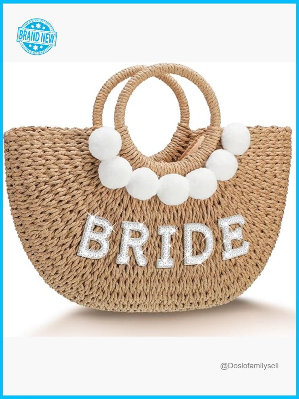 Straw Woven Tote Bag Pearl Letters Rhinestone Details Hobo Purse Beach Bridal